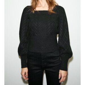 NWT Moussy Black Sweater Cable Knit Square Neck Top Balloon Sleeve, Free Size